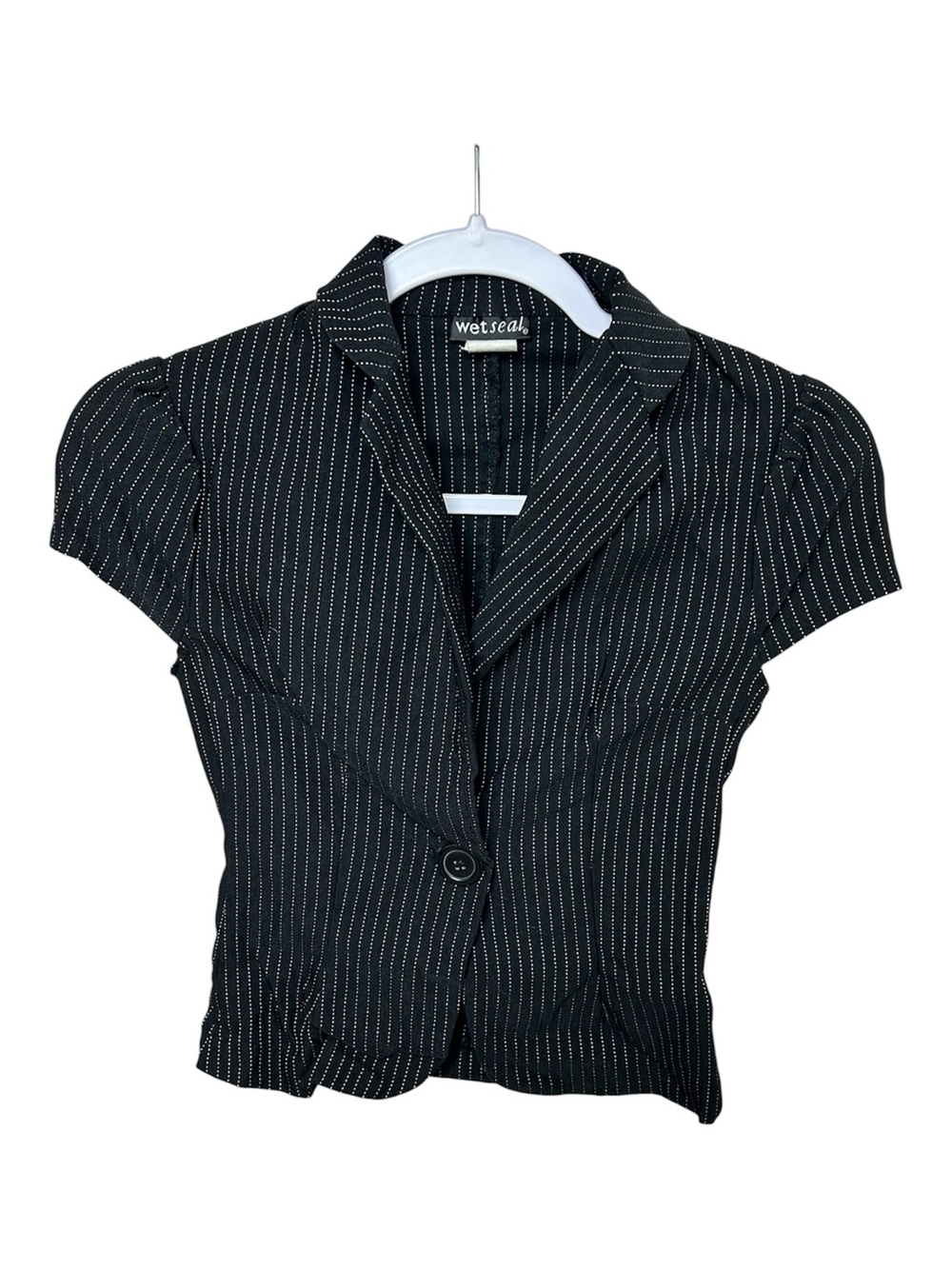 Wet Seal Y2K Black Pinstripe Short Sleeve Button-Front Blazer Top
